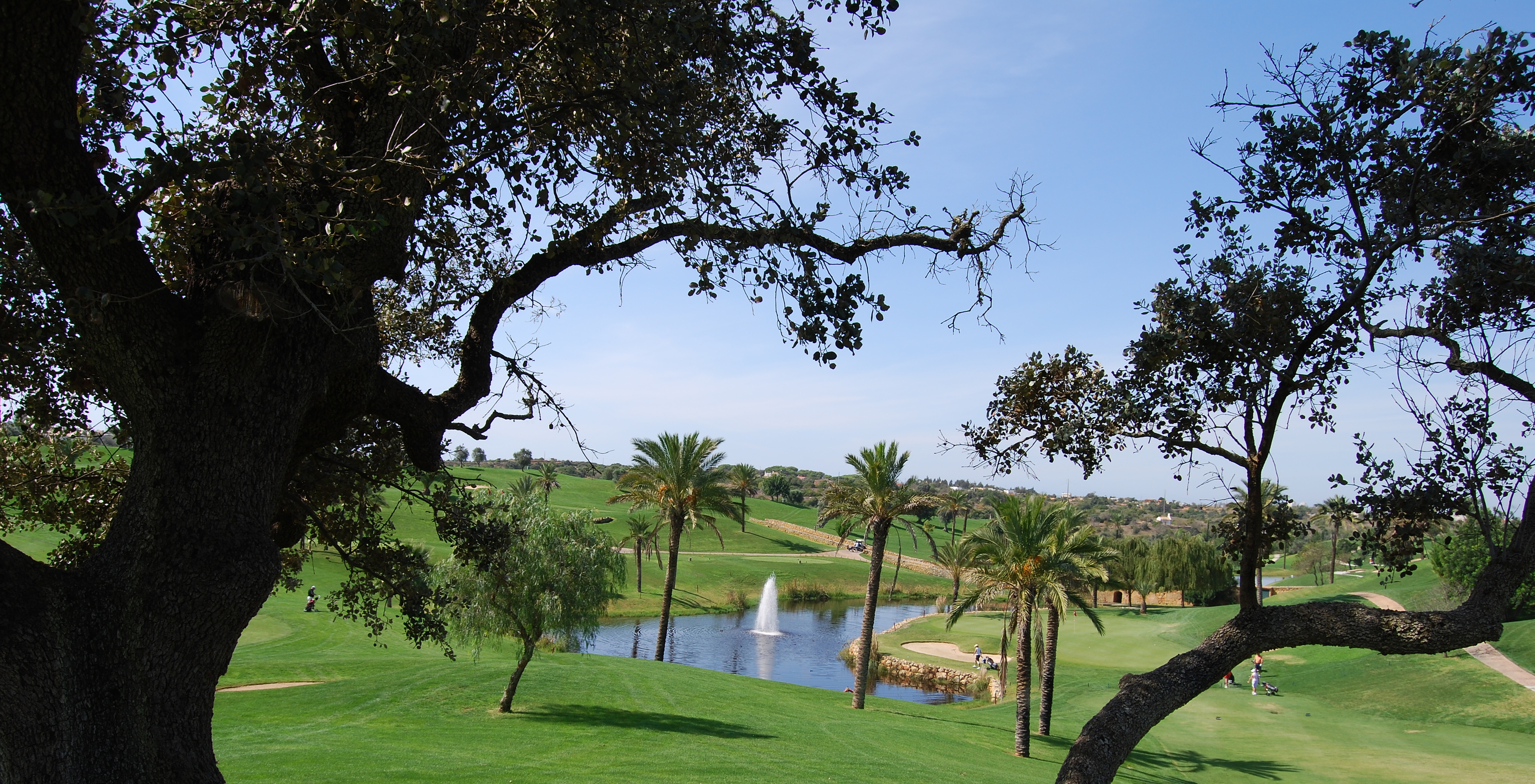 Panoramablick auf einen Golfplatz mit blauem Himmel, Bäumen, Palmen und einem Teich mit Brunnen in der Mitte