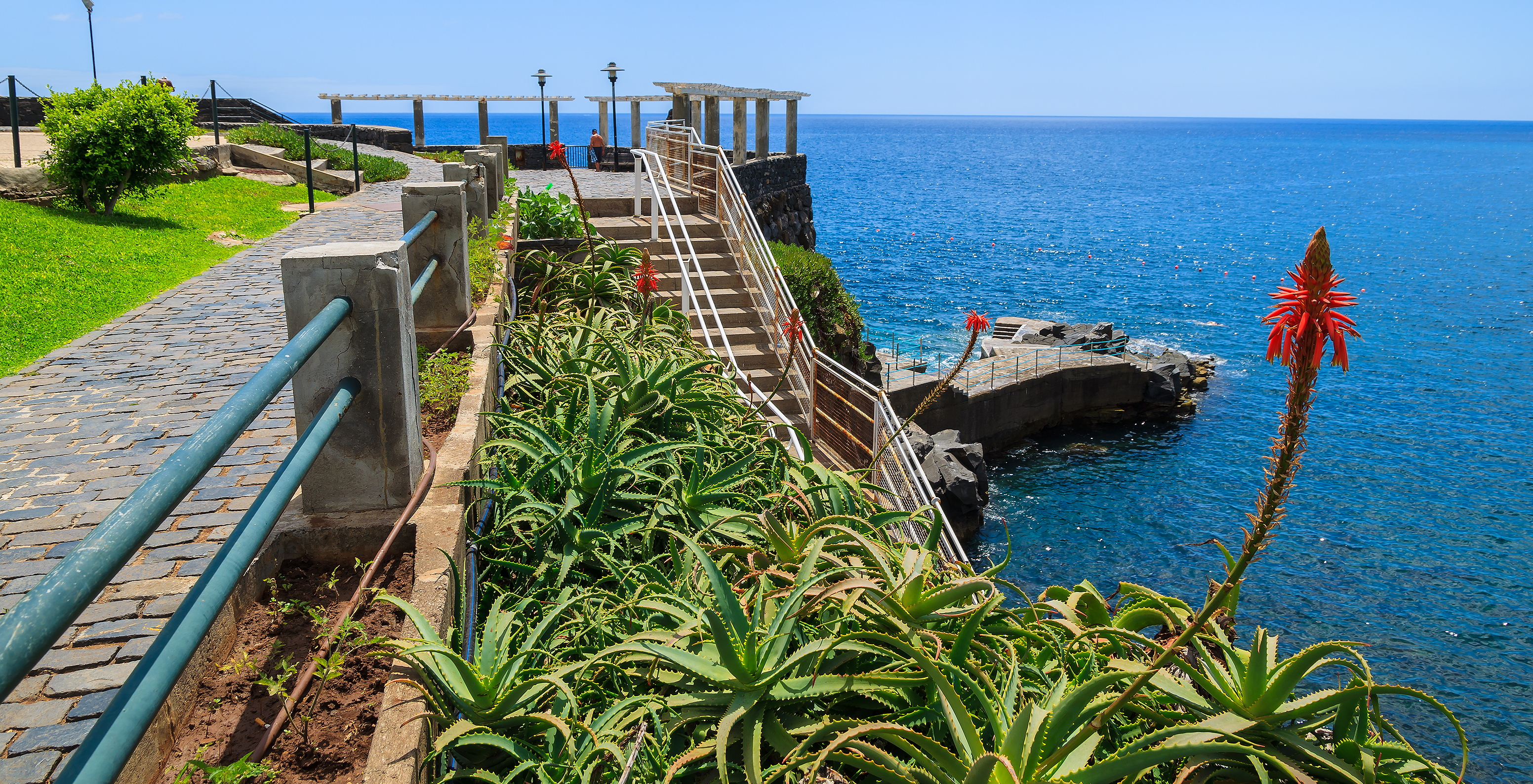 Aussicht auf das Lido in Madeira mit einer Treppe zum Meer, einem gepflasterten Weg und Kakteen im Vordergrund