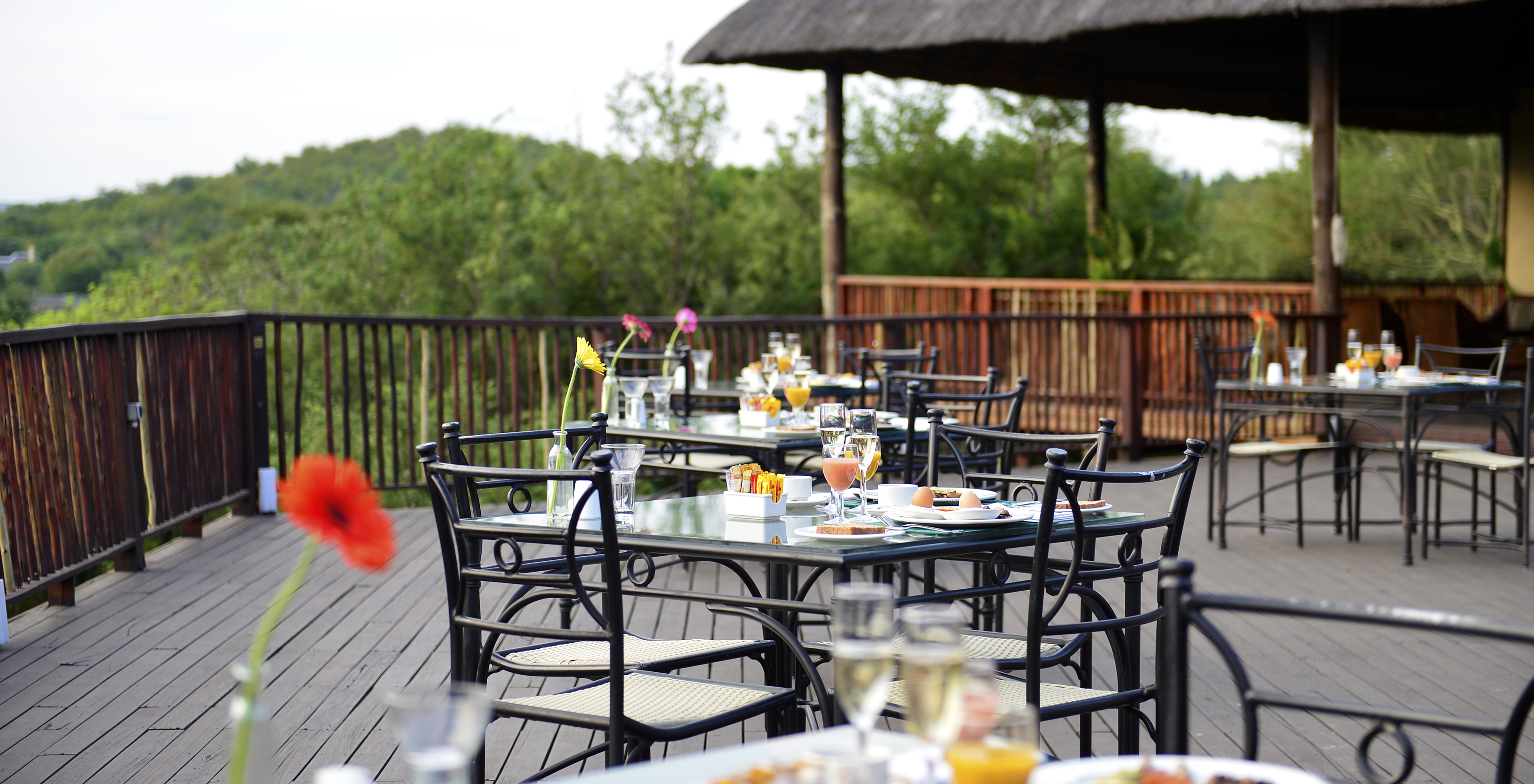 Die Bar Eshonalanga, im 4-Sterne-Hotel im Kruger Park, serviert Snacks und Getränke im Freien mit Blick auf den Garten