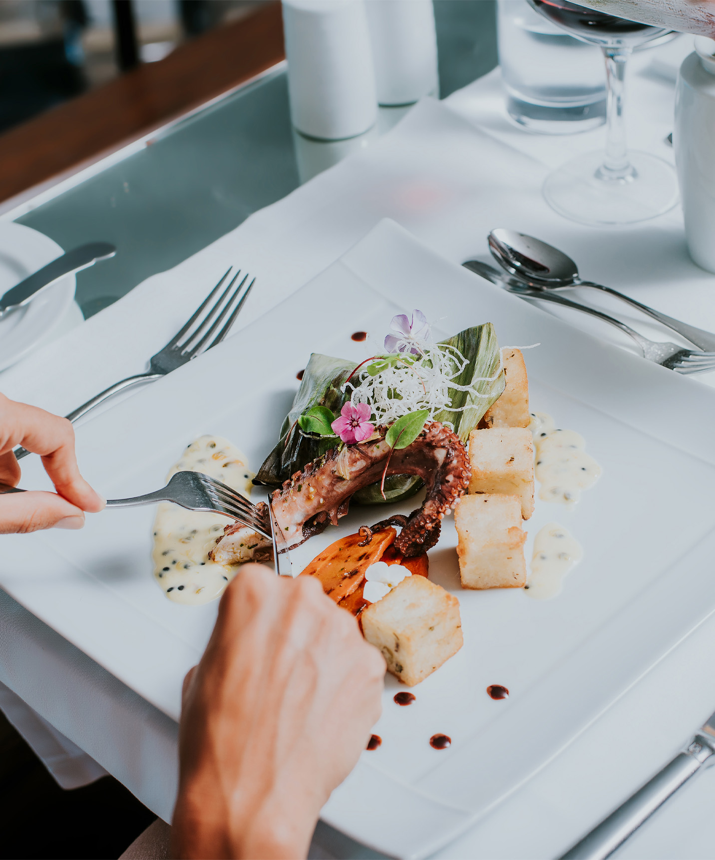 Weißer Teller mit Oktopus und gebratenem Mais, während einer Mahlzeit in einem Hotel der Pestana Hotels and Resorts