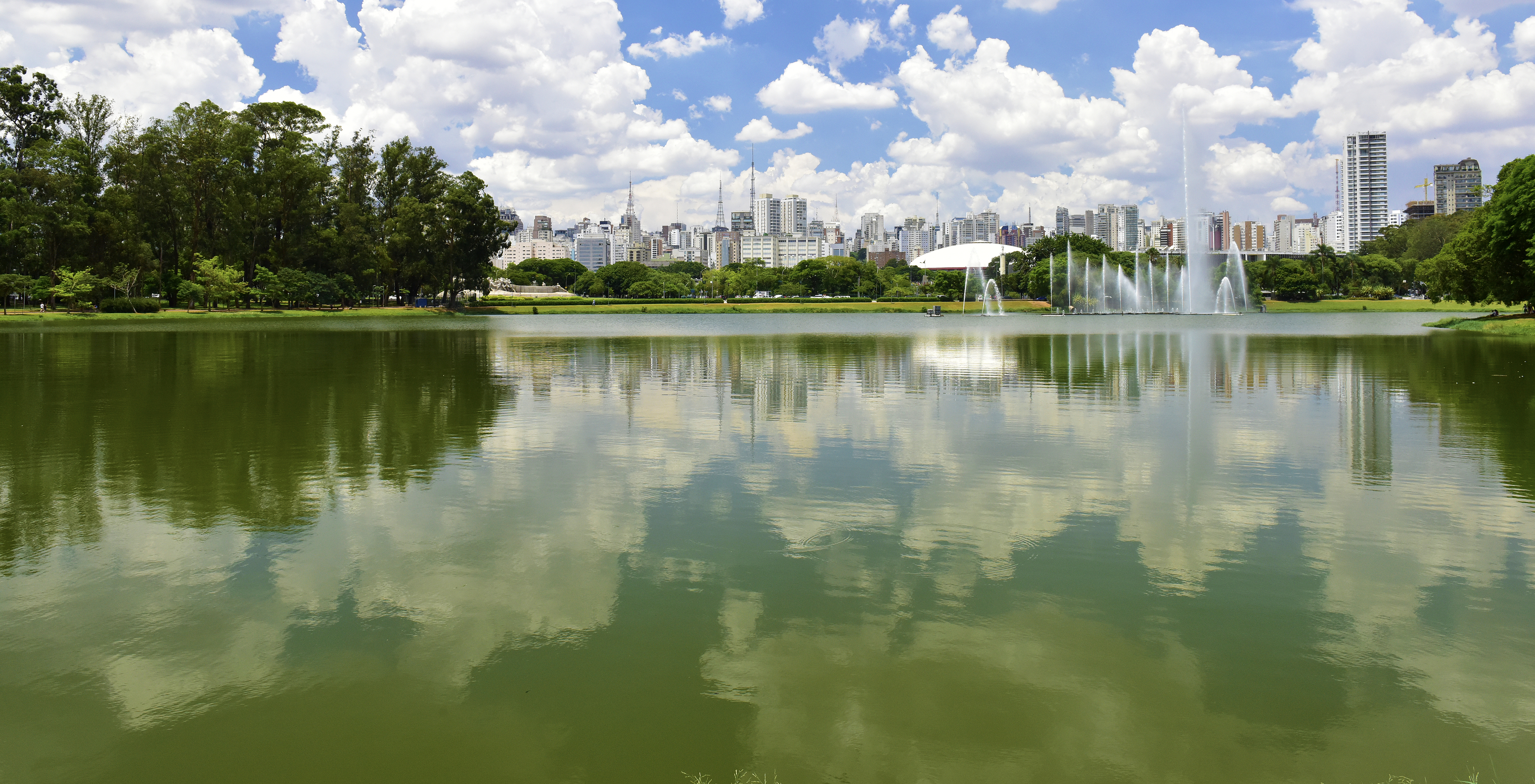 Ibirapuera Park is a green oasis in the city, with a calm lake reflecting the blue sky and trees along its shores