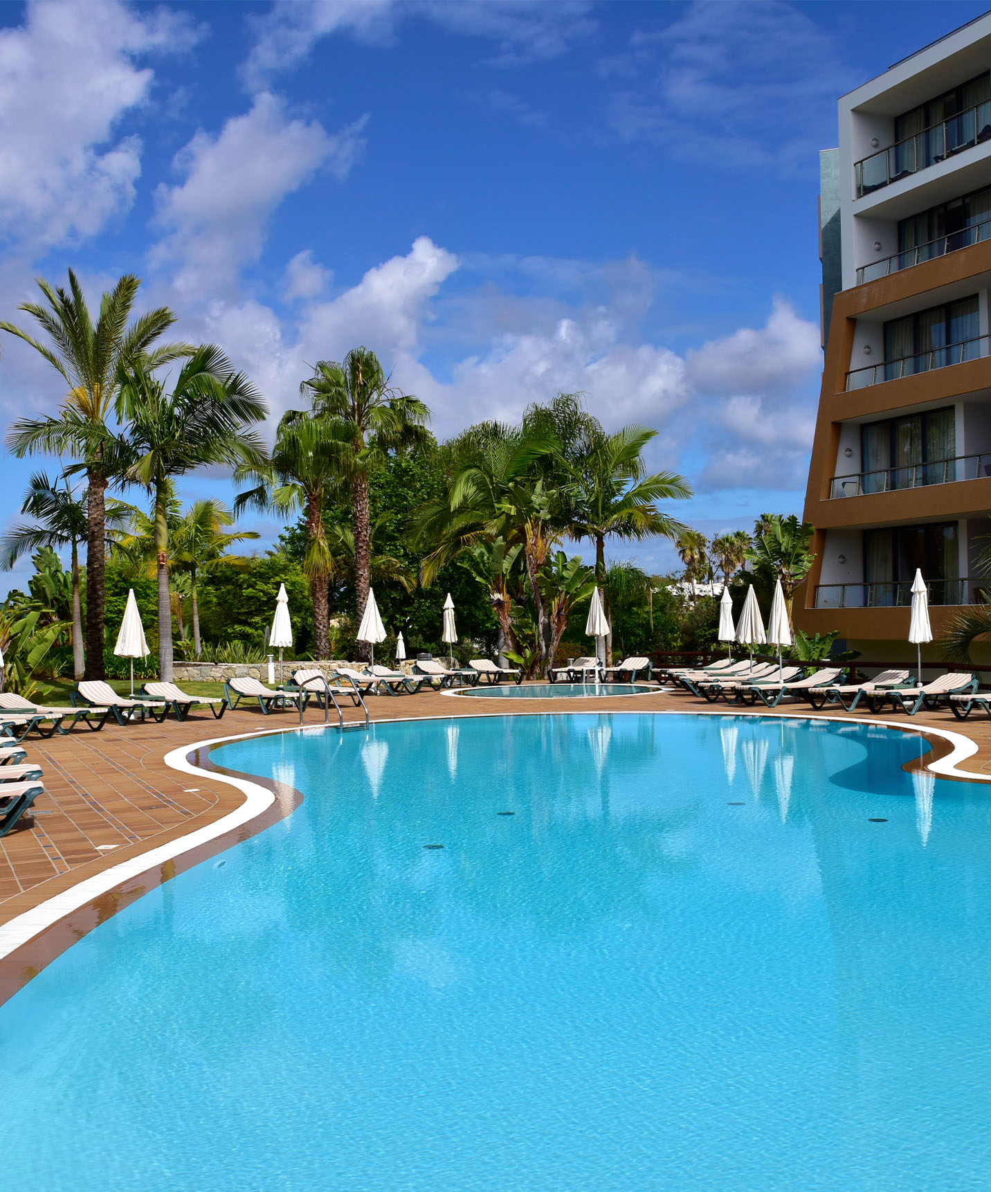 Outdoor pools with loungers, umbrellas, and palm trees, with hotel building on the side