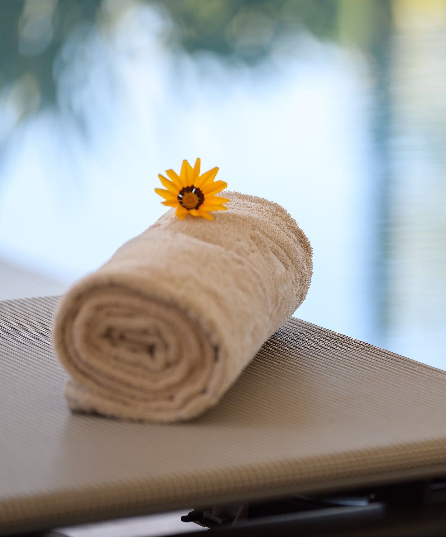 Sun lounger with a rolled towel and a flower at the Spa of Pestana Vila Sol - Vilamoura, Hotel with Golf and Spa