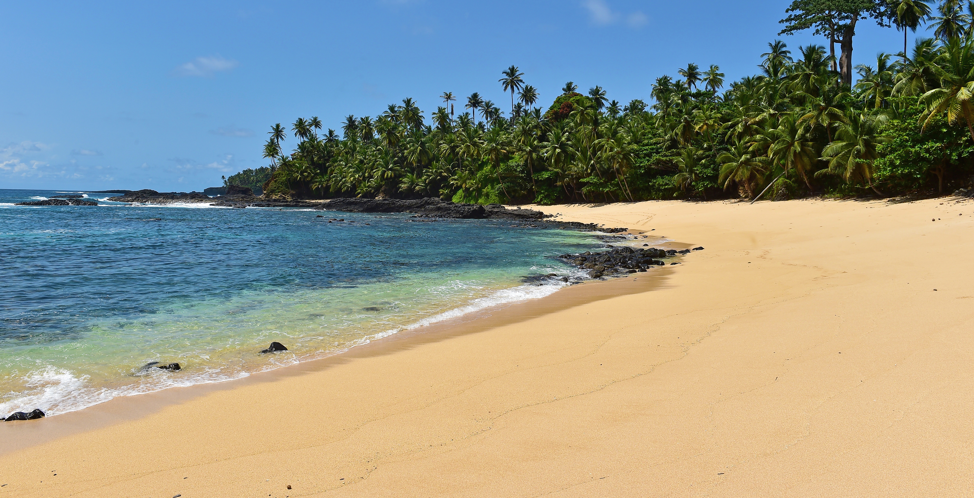 Ilhéu das Rolas beach, a tropical beach with fine, light sand, crystal-clear sea, and abundant palm trees