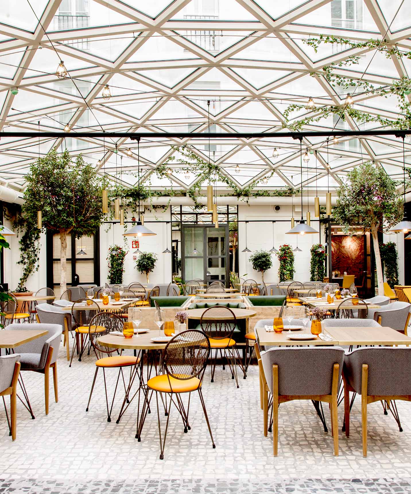 Restaurant in the courtyard of Hotel with Pool in Plaza Mayor Madrid with green vegetation hanging from the ceiling