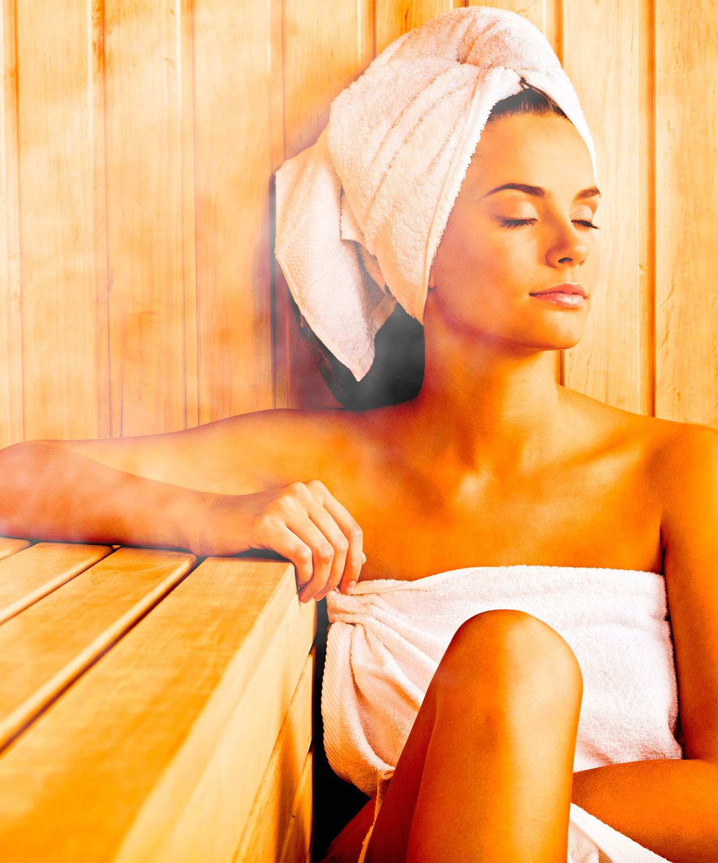 Girl in towel relaxing and recharging in the sauna at the hotel in Caracas, near the Financial Area