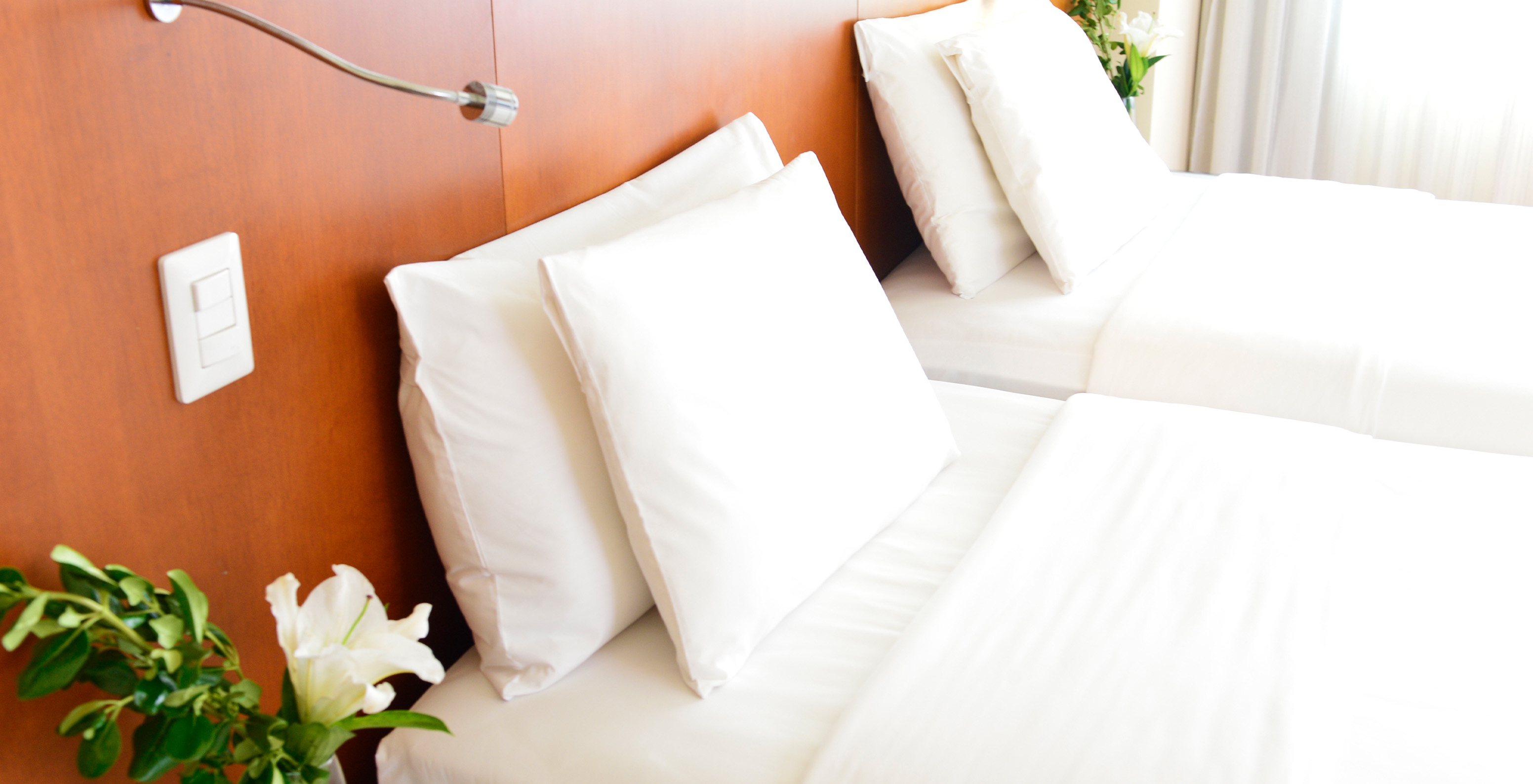 The Twin Executive Room at Pestana Caracas has two beds with white sheets, pillows, and a flower on the bedside table