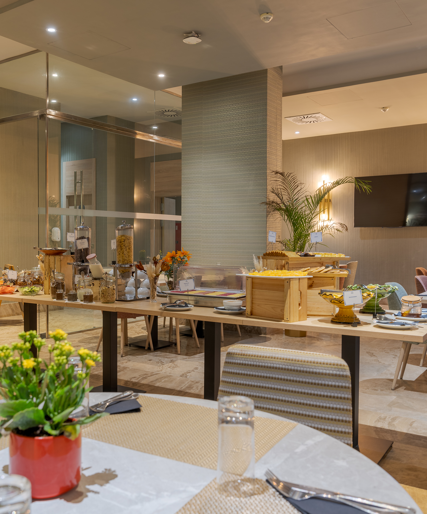 Breakfast room at Pestana Tanger City Center hotel in Tangier near the beach with a food buffet