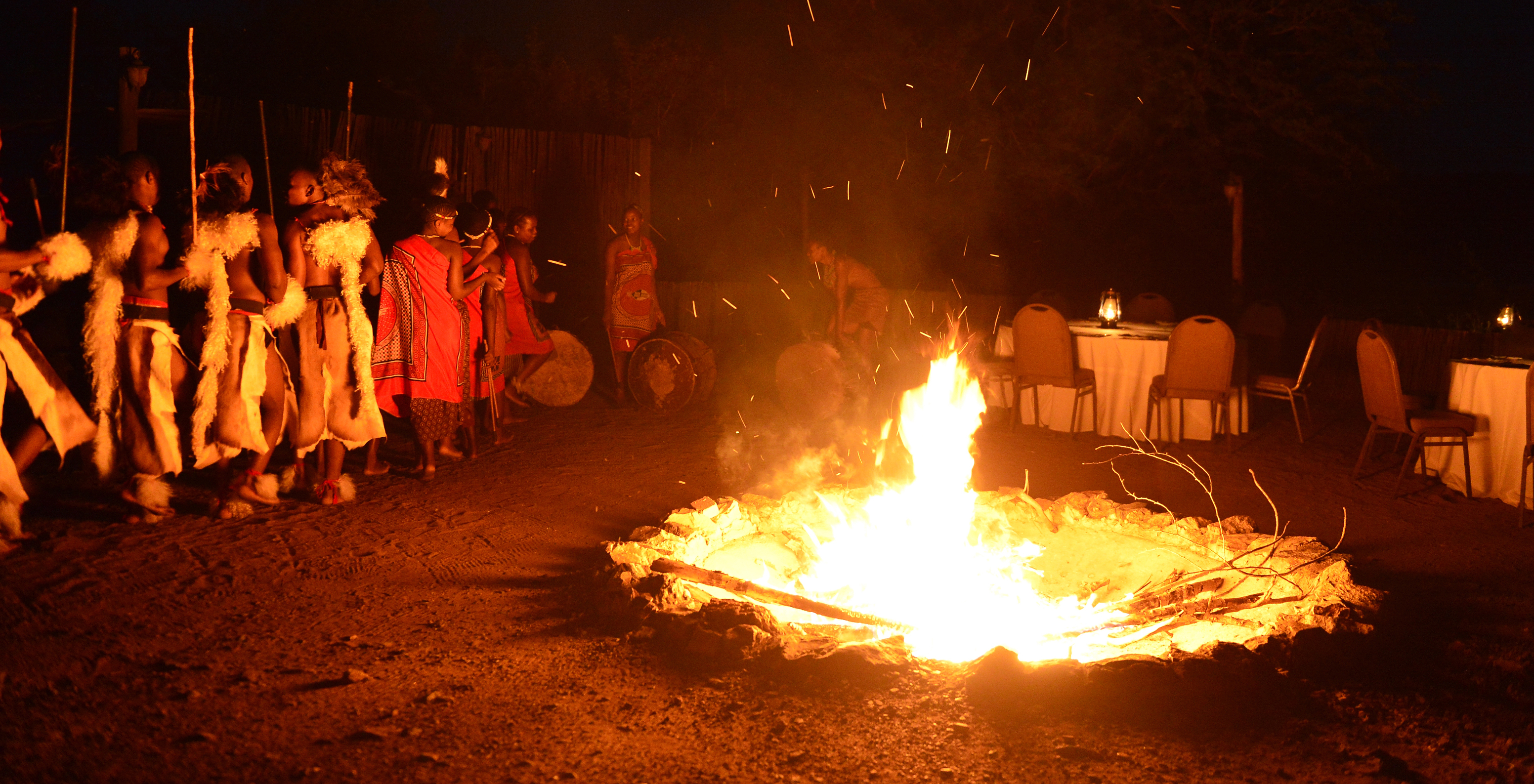 The Boma restaurant at the 4-Star Hotel in Kruger Park serves outdoor meals with traditional African entertainment