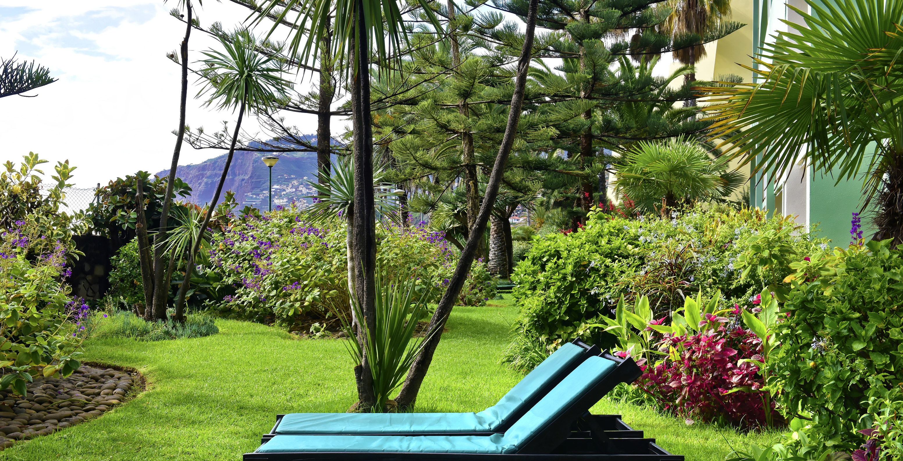 Dos tumbonas en medio del jardín del Pestana Ocean Bay, un Hotel Todo Incluido frente al mar, con piscina