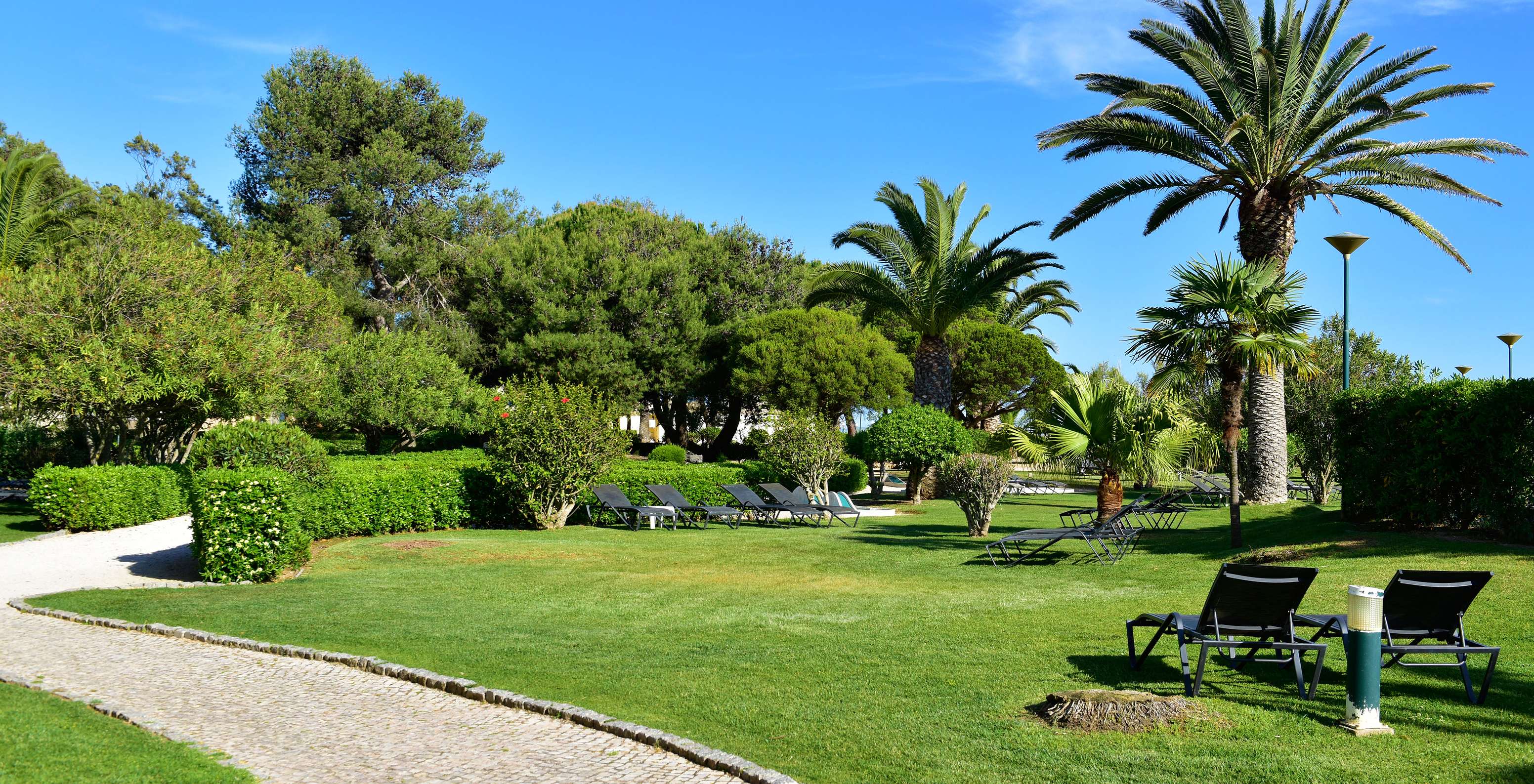 Vista de los jardines del Pestana Dom João II con tumbonas sobre la hierba y palmeras alrededor