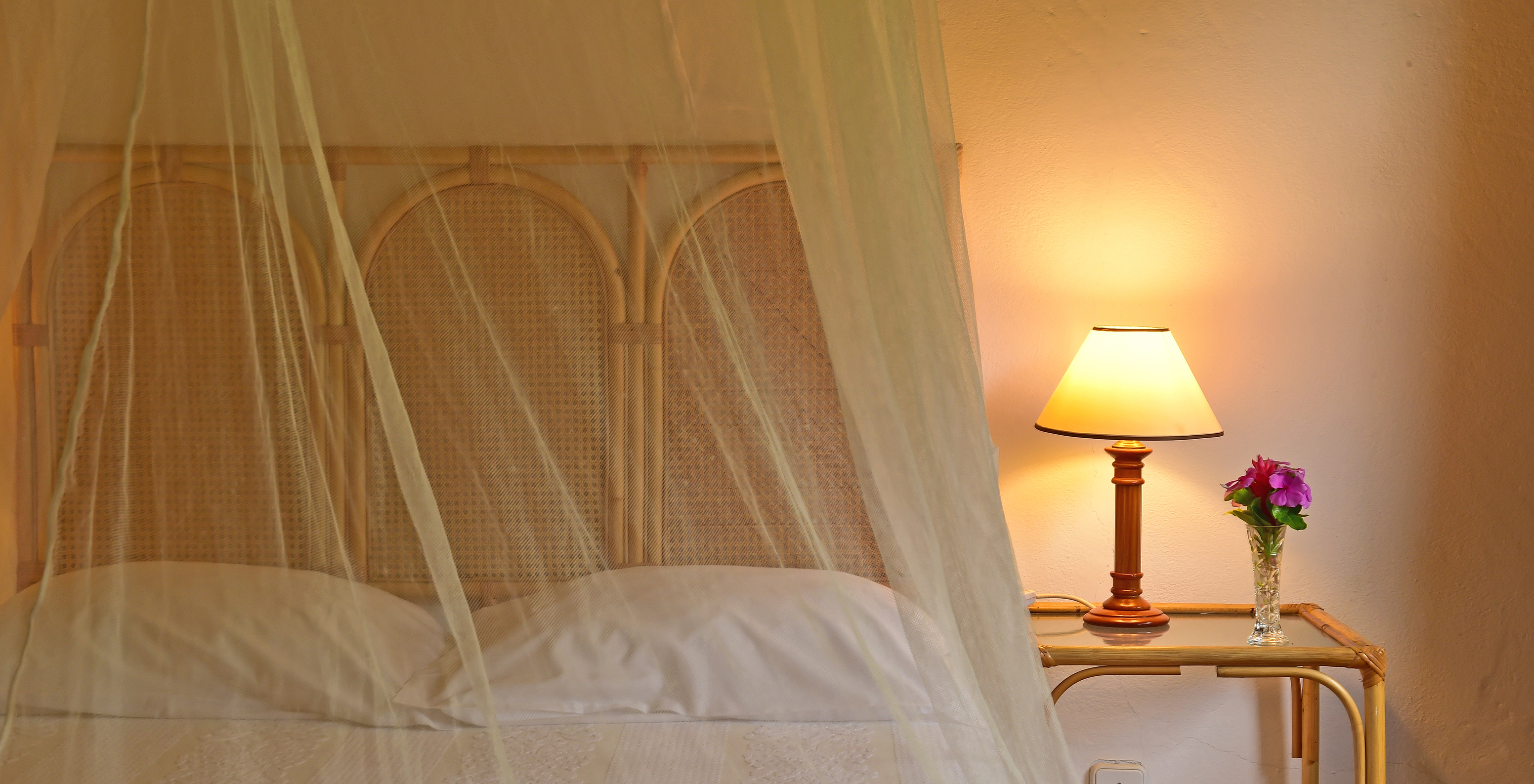 El Classic del Pestana Miramar São Tomé tiene una cama con un mosquitero y una mesa de noche con una lámpara encendida