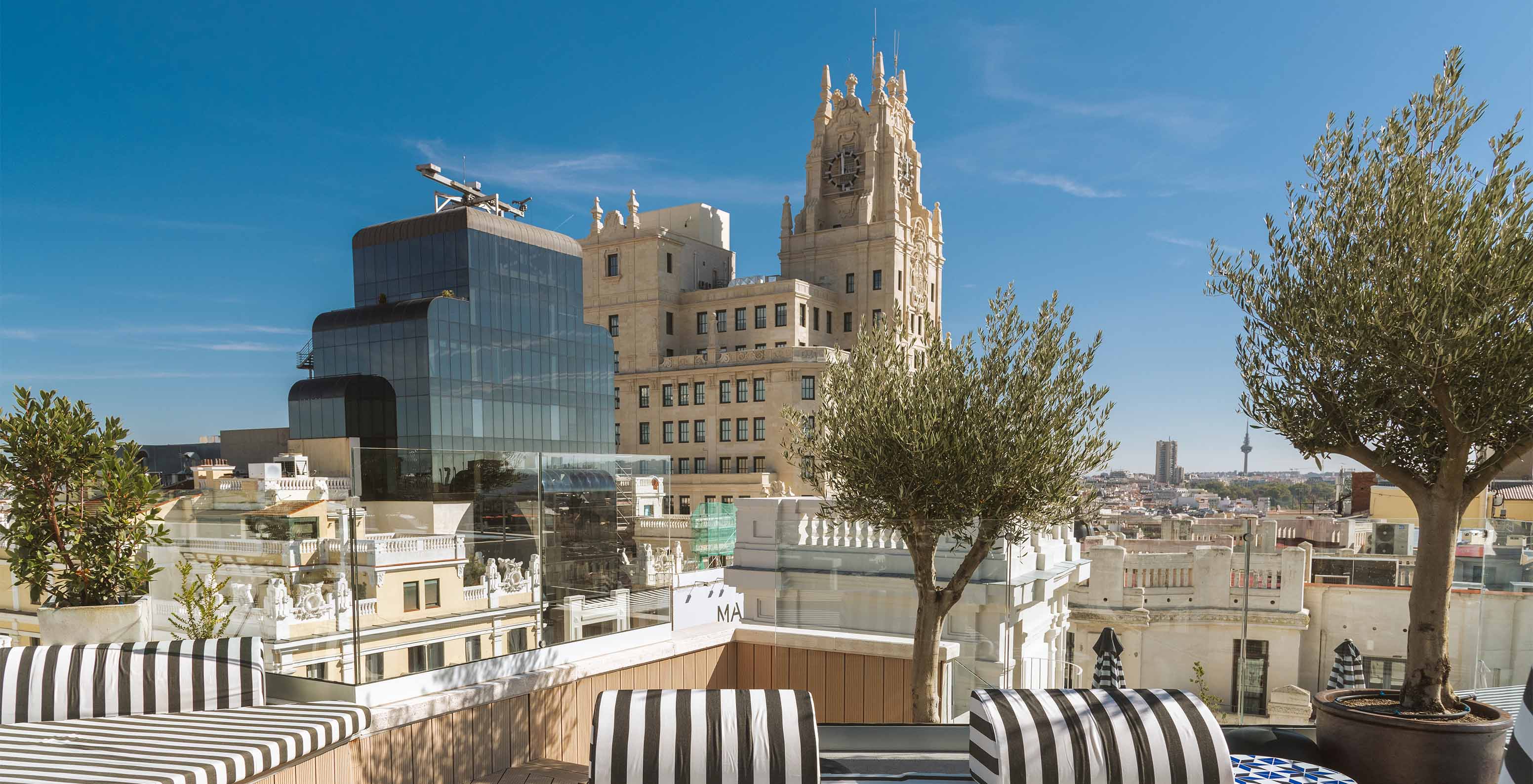 Zona de descanso en el rooftop con sofás, pequeños árboles y vista panorámica a la ciudad