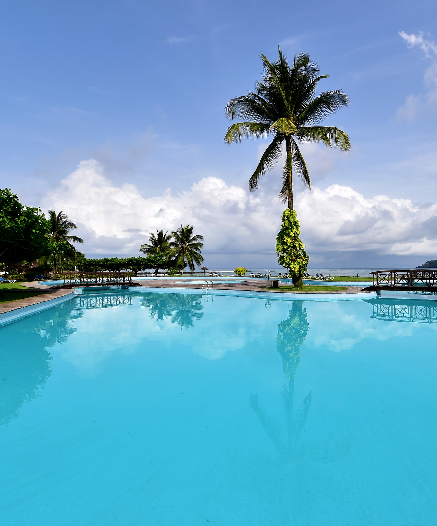 Piscine et palmiers au Pestana Equador Ilheu das Rolas, hôtel de vacances avec piscine et spa, face à la plage