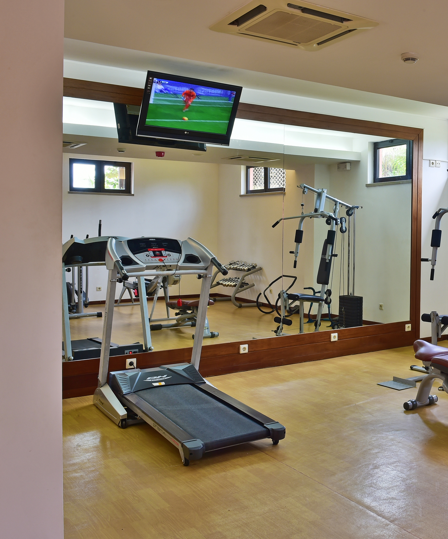 Salle de sport avec tapis roulant, vélo et quelques machines de musculation, un grand miroir et une petite télévision