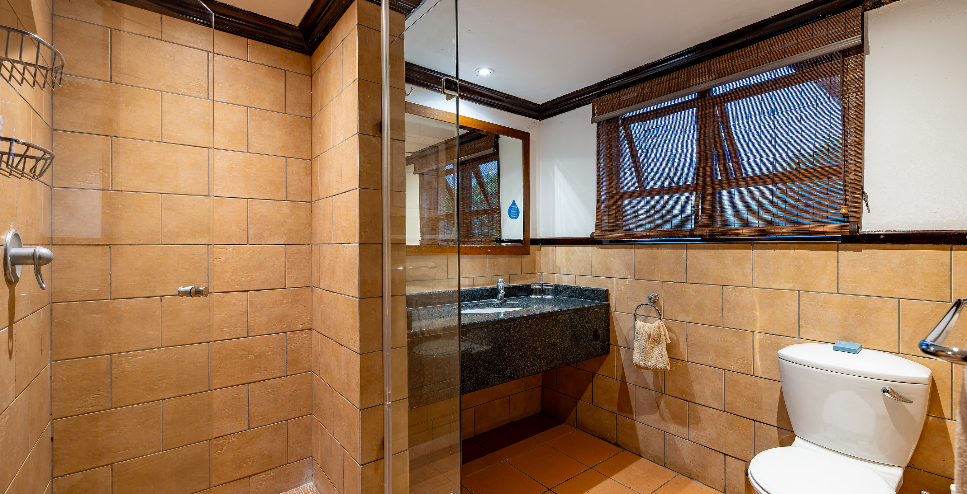 La Chambre Standard du Pestana Kruger Lodge a une salle de bain avec douche lavabo avec miroir et fenêtre avec moustiquaire