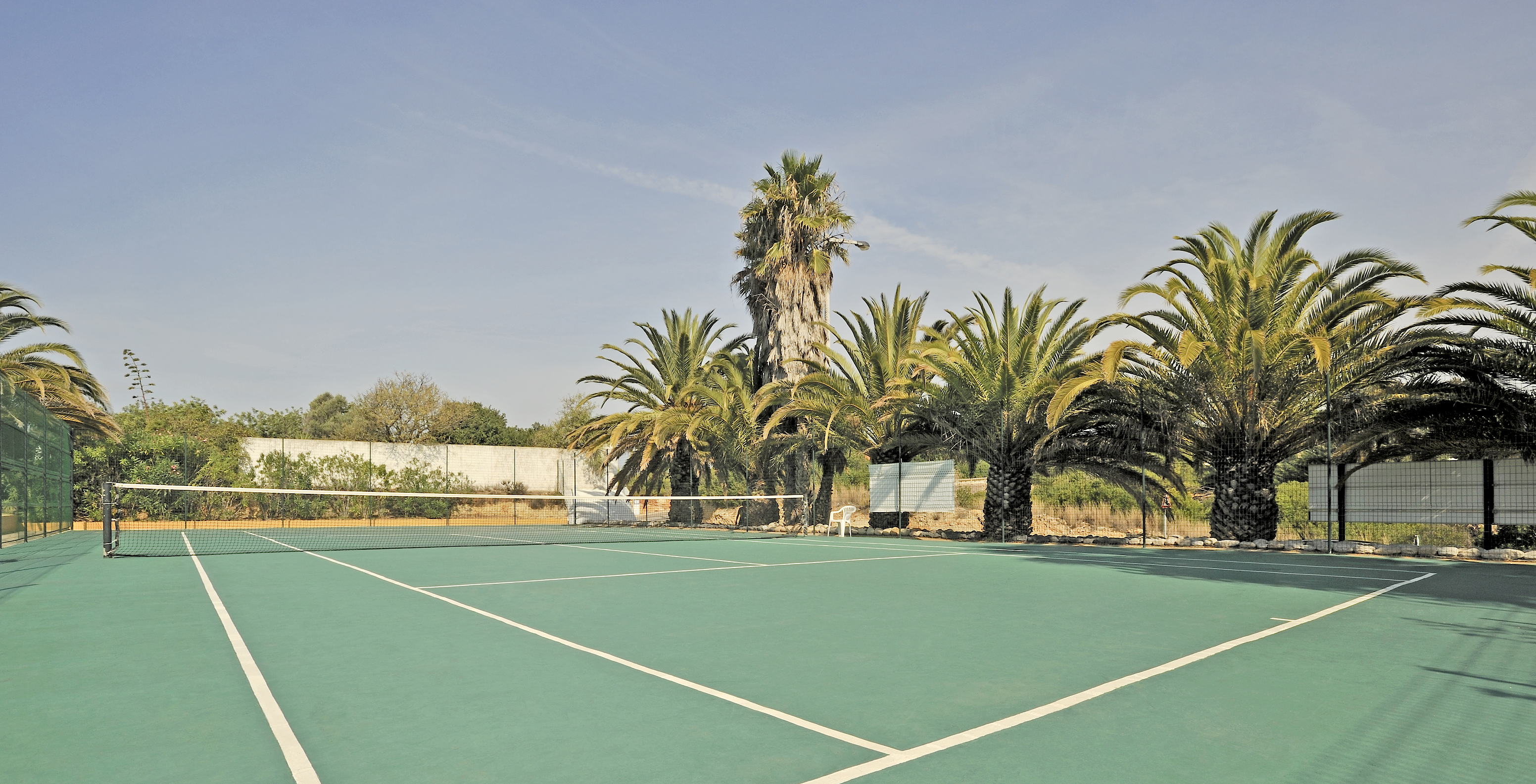 Harde tennisbaan bij Pestana Palm Gardens, omringd door palmbomen