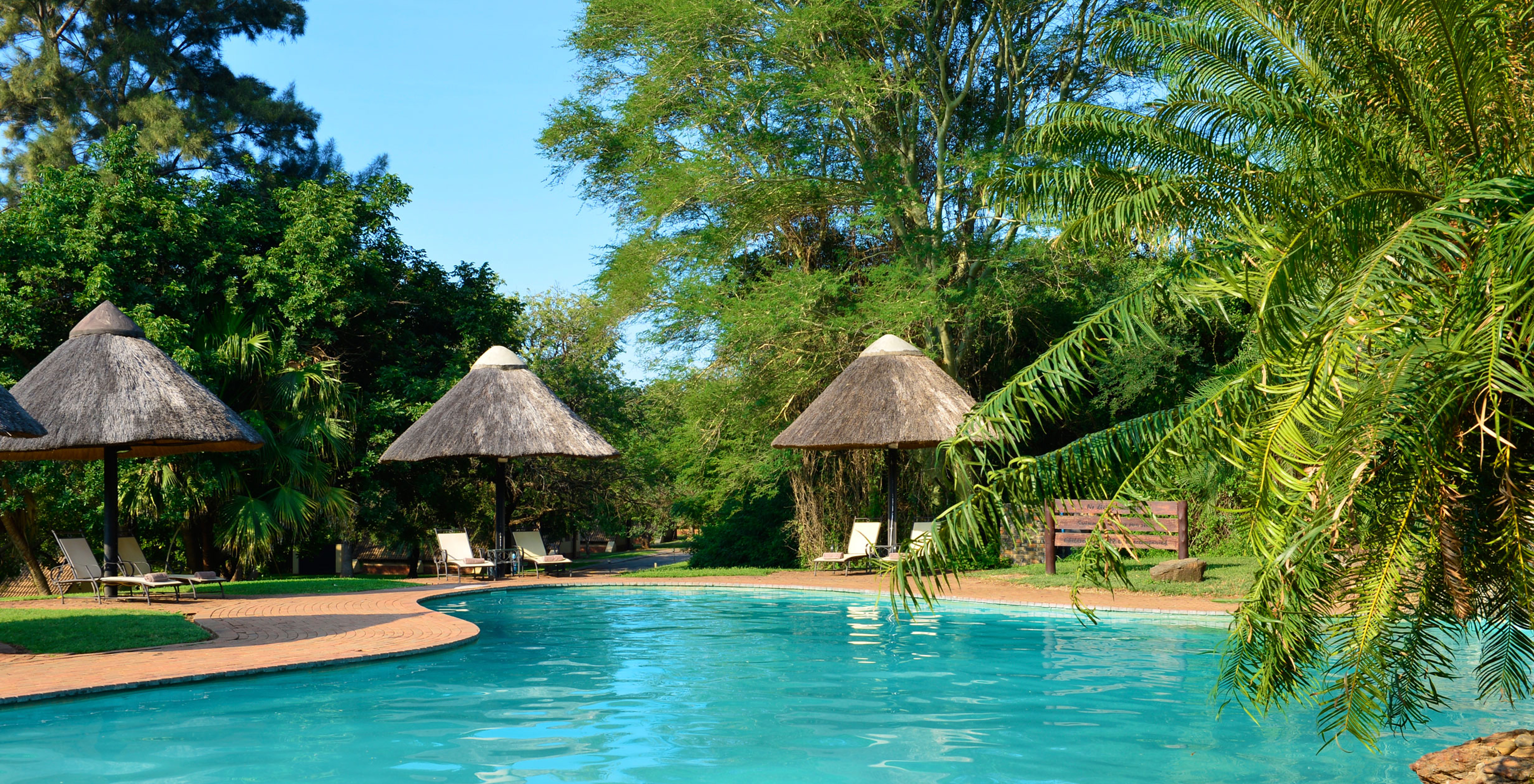 Buitenpool temidden van de vegetatie van Pestana Kruger Lodge hotel met zwembad dicht bij Kruger Park